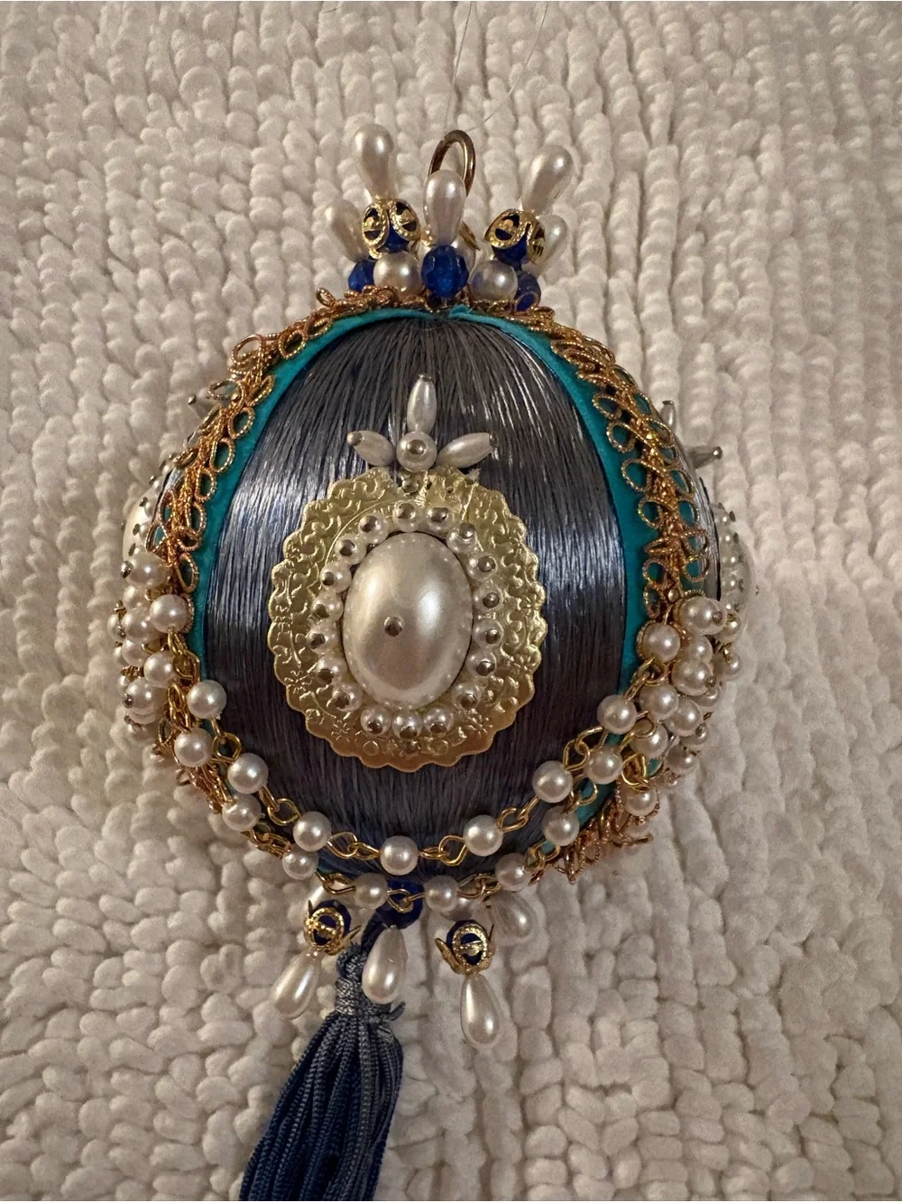 Handcrafted Blue and White Beaded Tassel Push Pin Ornament